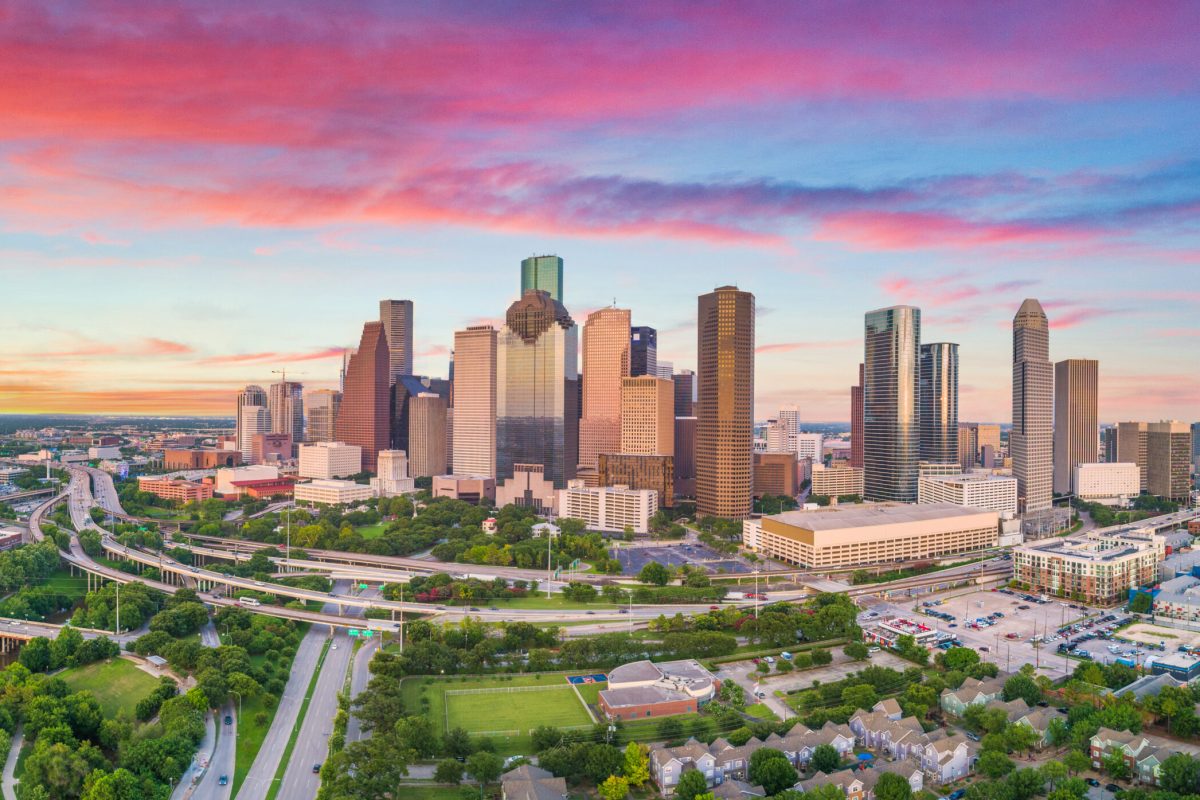 Downtown Houston, Texas, USA Drone Skyline Aerial Panorama.